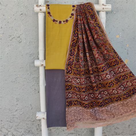 AROHI - Pure Cotton Mustard Top With Embroidered Neck With Grey Bottom ...