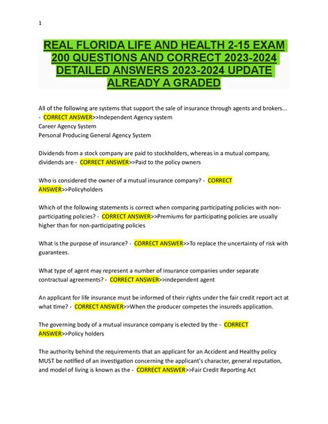 REAL FLORIDA LIFE AND HEALTH 2-15 EXAM 200 QUESTIONS AND CORRECT 2023 ...