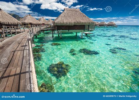 Over Water Villas on a Tropical Lagoon of Moorea Island, Tahiti Stock ...