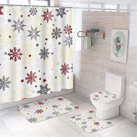 Amazon.com: Rtteri 4 Pcs Christmas Shower Curtain Set Snowflakes Shower ...
