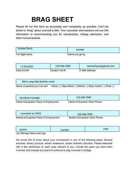 FCHS Student Brag Sheet 2 - SENIOR BRAG SHEET Please fill out this form ...