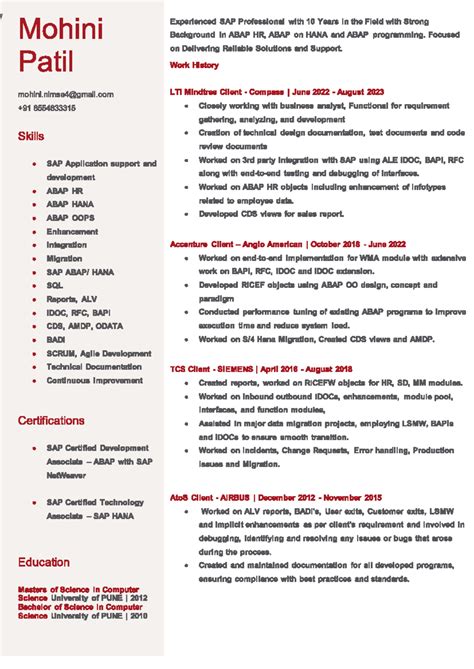 Mohini Patil ABAP Resume - Mohini Experienced SAP Professional with 10 ...