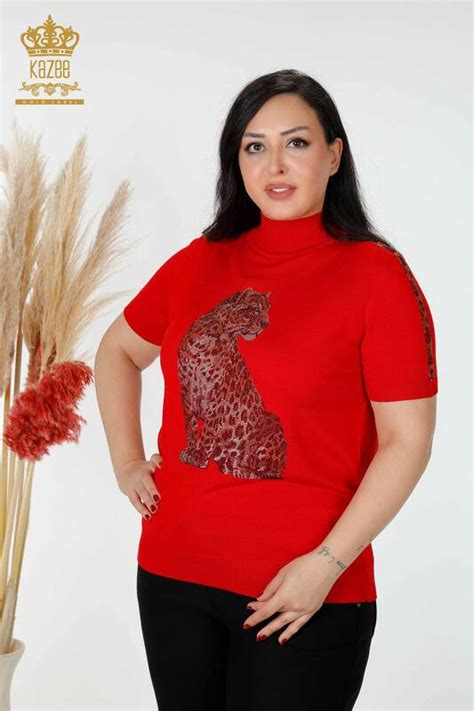 Grossiste Pull Femme Tricot Motif Tigre Rouge - 16999 | KAZEE