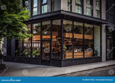 Trendy Hipster Coffee Shop Exterior with Glass Storefront and Urban ...
