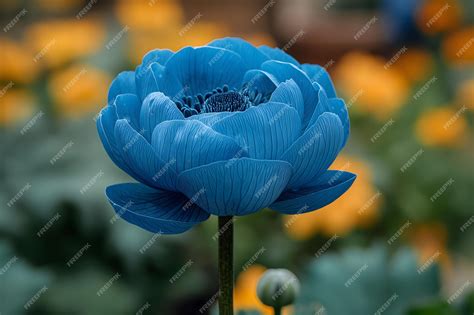Premium Photo | Large Blue Flower Among Yellow Flowers in Field