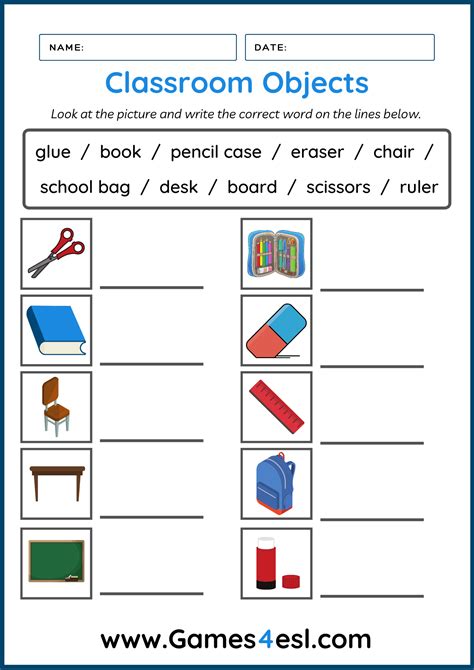Classroom Object Worksheets | English worksheets for kids, English ...