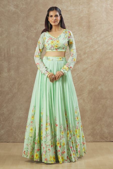 Buy Green Georgette Printed Floral V Neck Work Blouse And Lehenga Set ...