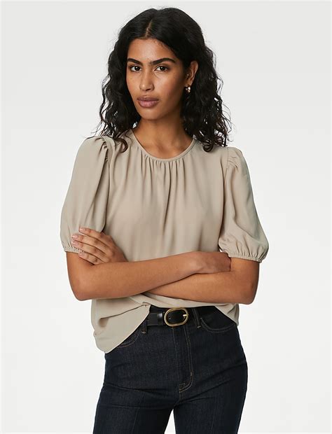 Buy Round Neck Puff Sleeve Blouse at Marks & Spencer
