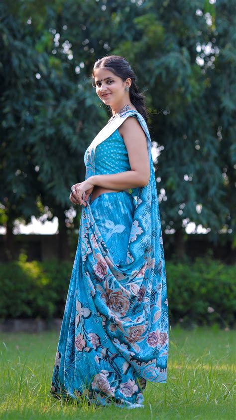 Elegant Floral Print Saree in Aqua Blue – Pativrata