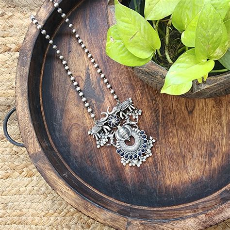 Neckpiece -Dark Blue Stone Silver Elephant Design With Pearls And Germ ...