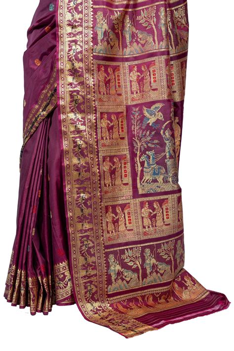 Exquisite Plum Golani Buti Baluchari Saree with Gold Zari Mythological ...