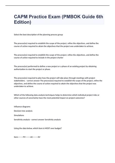 CAPM Practice Exam (PMBOK Guide 6th Edition) fully solved 2023 - CAPM ...