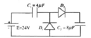 In the circuit shown, the potential drop across each capacitor is ...