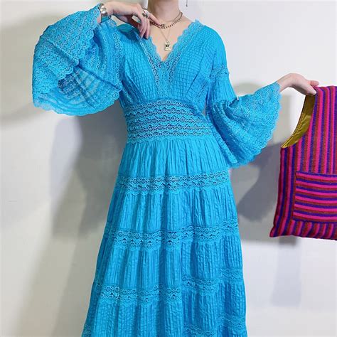 60s Mexican turquoise lace long dress | LEMON