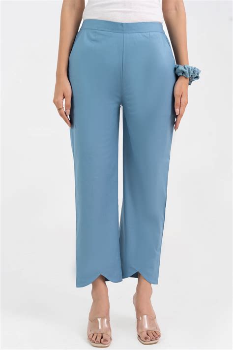 Light Blue Pure Cotton Solid Pant With Leaf Bottom – GulaboSitabo