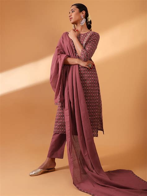 HERITAGE INDIA - MAROON HAND BLOCK PRINTED COTTON KURTA SET (WITH PANT ...