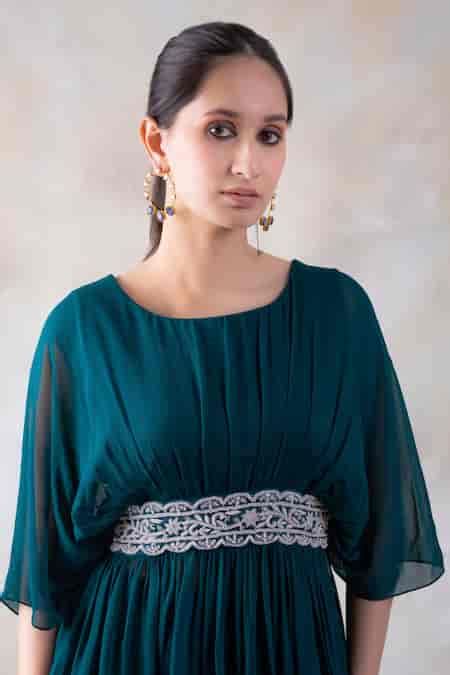 Buy Green Georgette Pearls, Diamonds Round And Dabka Work Peplum Top ...