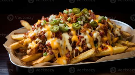 AI generated Greasy and indulgent loaded cheese fries topped with chili ...
