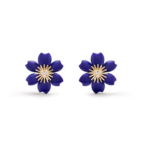 Rose de Noël earrings, mini model 18K yellow gold, Diamond, Lapis ...