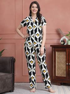 Boston Club Women Abstract Black Shirt & Pyjama set Price in India ...