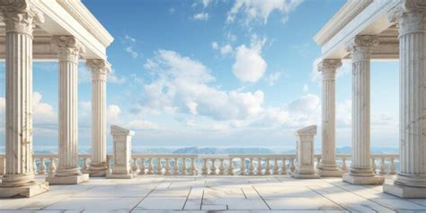 The façade of a masonry building, with four Greek adorning its entrance, under a clear blue sky