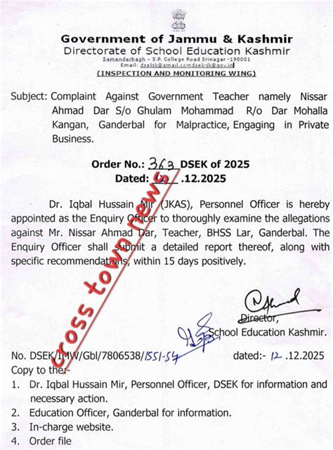 JKAS Officer to examine allegations against Teacher