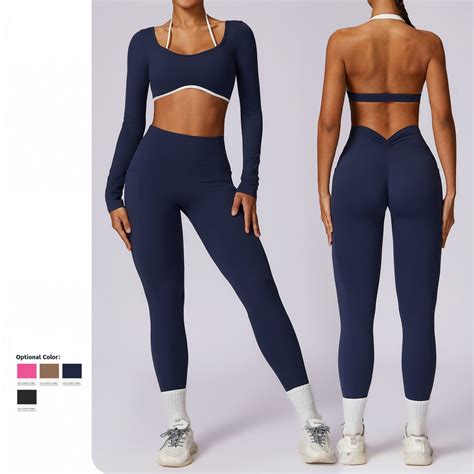 Womens Workout Sets Two Piece Long Sleeve Crop Top Matching High Waist ...