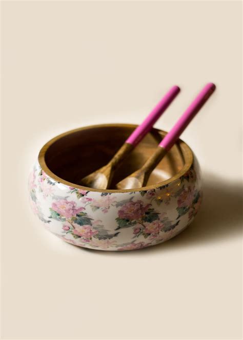 Get Salad Bowl + Server Set Wooden White & Pink at ₹ 1900 | LBB Shop