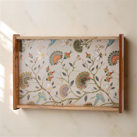 Handcrafted Wooden Serving Tray with Peacock & Floral Design ( Small ...