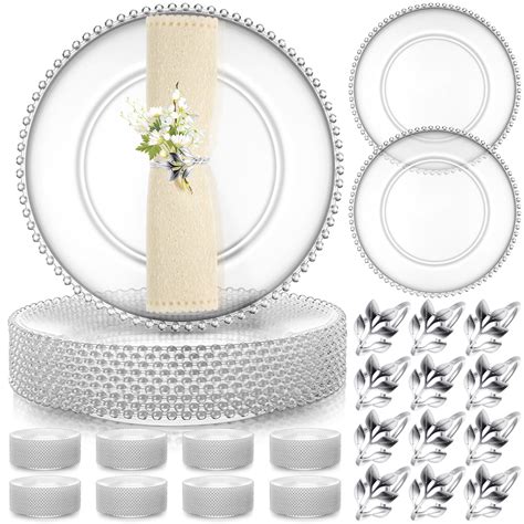 Amazon.com | Bokon 50 Set Clear Charger Plates Bulk 13 Inch Beaded Plastic Charger Plates with ...