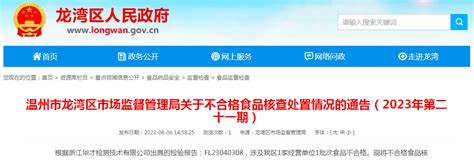 浙江省温州市龙湾区市场监管局关于不合格食品核查处置情况的通告（2023年第二十一期）