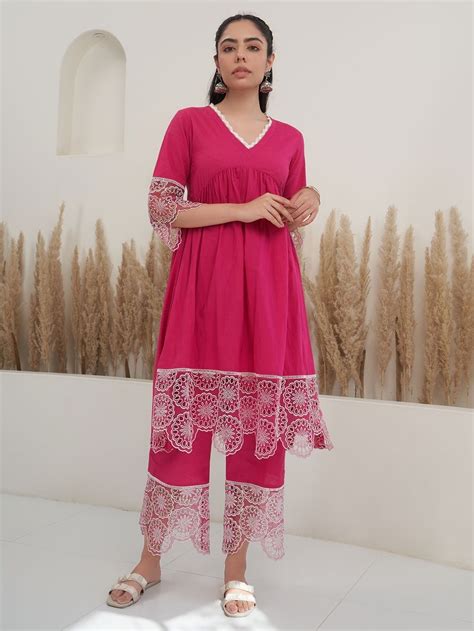 Fuchsia Lace Cambric Cotton Gathered Kurta with Palazzo- Set of 2