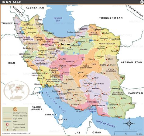 Map of Iran - With Provinces, Capitals, Major Cities, Roads and Rivers.