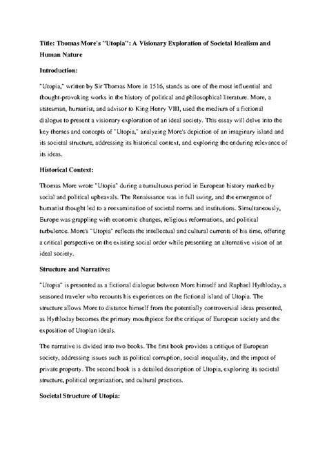 Thomas More's Utopia: Key Themes and Societal Critique Summary - Studocu