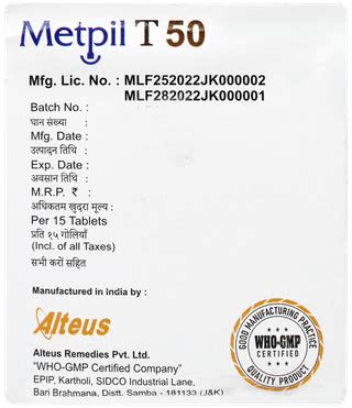 Metpil T 50 Tablet 15: Uses, Side Effects, Price & Substitutes