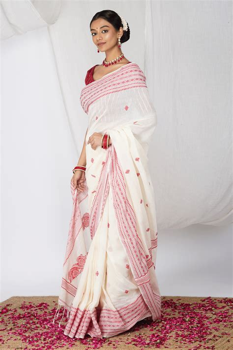 Bengali Katha Saree | Ready to Wear White N Red Cotton Saree – Glamwiz ...