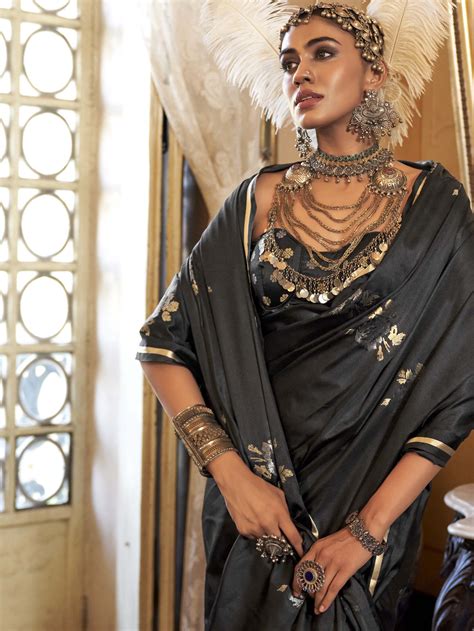 Majestic Pure Satin Handloom Weaving Silk Saree with Floral Motifs - B