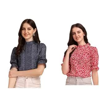 Buy Wedani Women's Casual Puff Sleeves Ruffled Collor Foral Top (Large ...