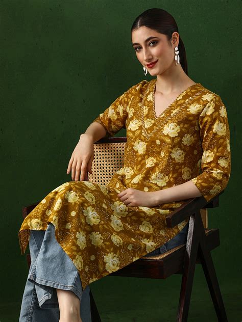Floral Printed Straight Pure Cotton Kurta - Jaipur Kurti