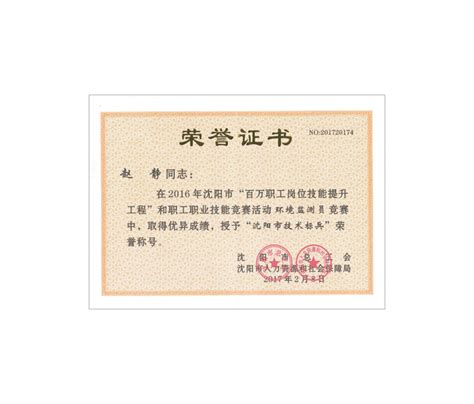 沈阳市技术标兵荣誉证书-辽宁康宁检测有限公司