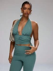 MUSERA Ruched Deep V Halter Crop Top Summer Ibiza Going Out Tops ...