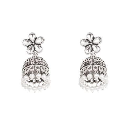 Teejh Indian Ethnic Jewellery | Silver Oxidized Pearl Jhumki Earrings