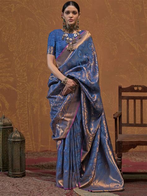 ⚡️Buy Flashy Slate Blue Handloom Weaving Silk Event Wear Saree With ...