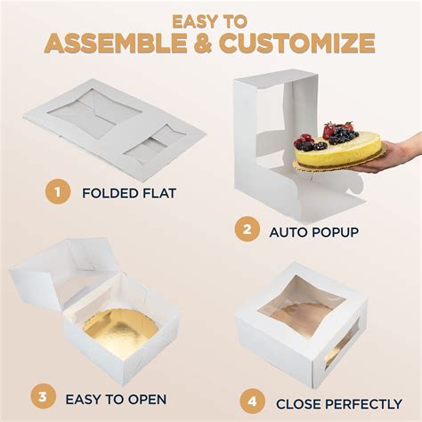 Buy [25 Sets] 8x8x4 White Cake Box with Window and 8 Inches Round Gold ...