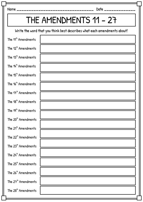 Amendments Worksheet Bill Of Rights