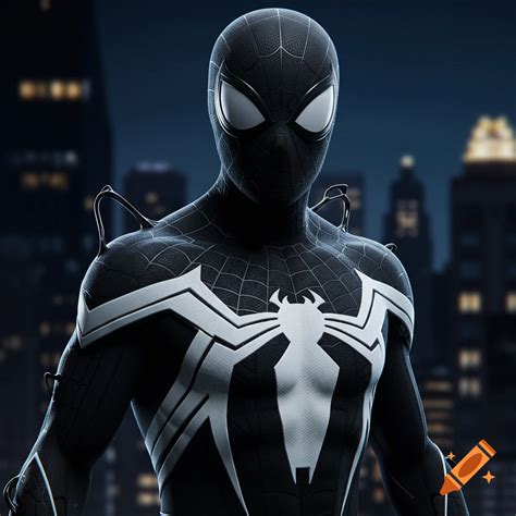 Close-up of Spider-Man in a black and white symbiote suit against a ...
