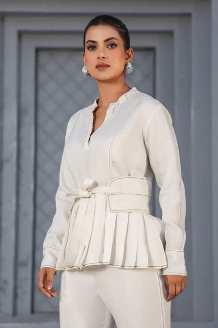 Buy White Tencel Embroidery Mandarin Collar Peplum Top For Women by Raw ...