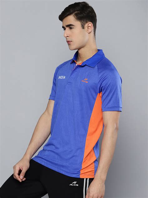 Buy Alcis Men Blue Orange Colourblocked Indian Cricket Team Polo Collar ...