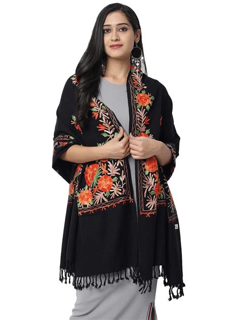 Buy Zamour Kashmiri Women's Embroidered Woolen Shawl/Stole Wrap (Black ...