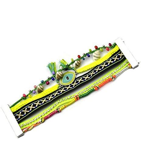 Buy Mehrunnisa Neon Green Evil Eye Bohemian Layered Thread Cuff ...